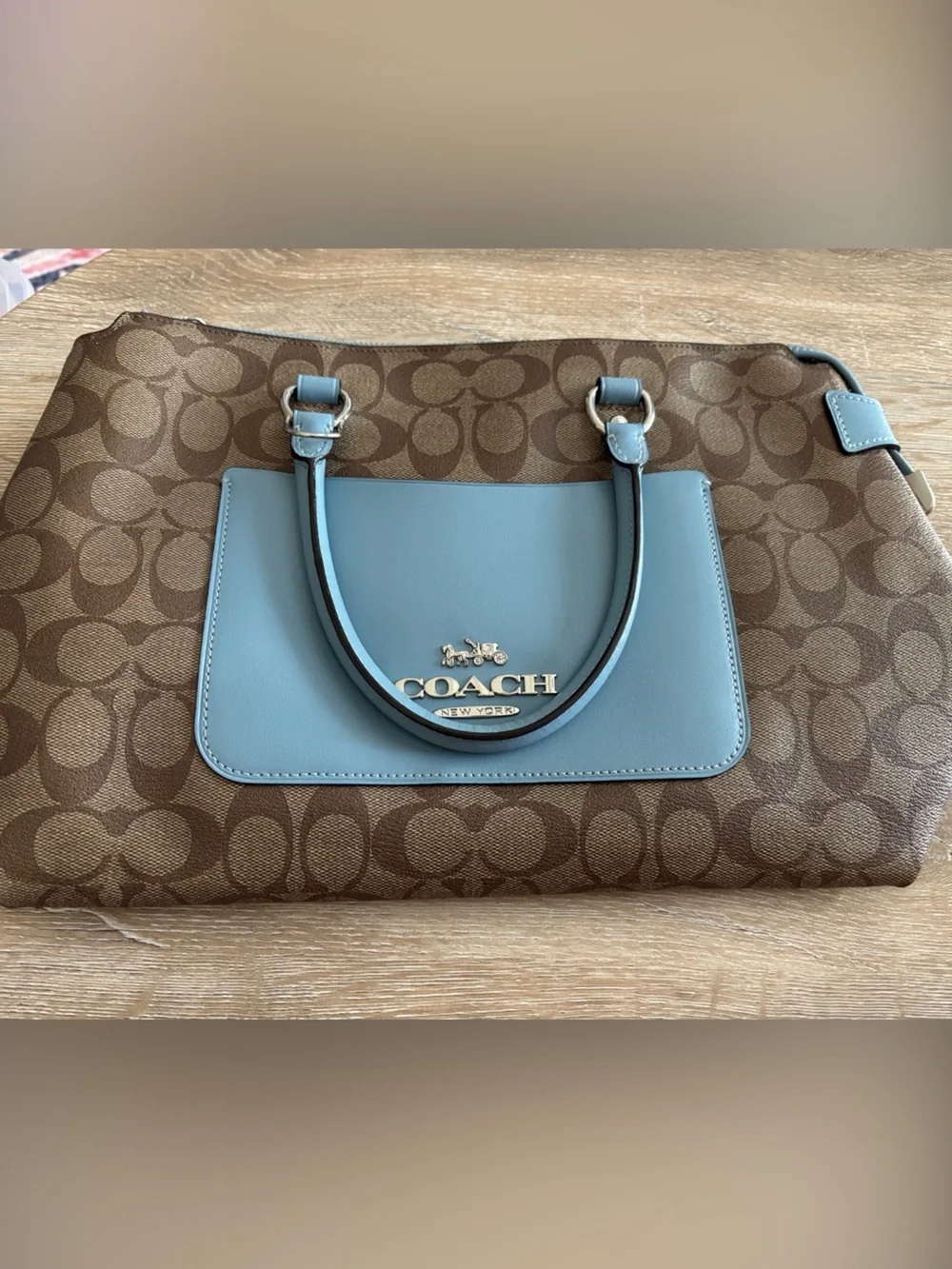 Coach Emma Monogram Satchel with Light Blue Trim